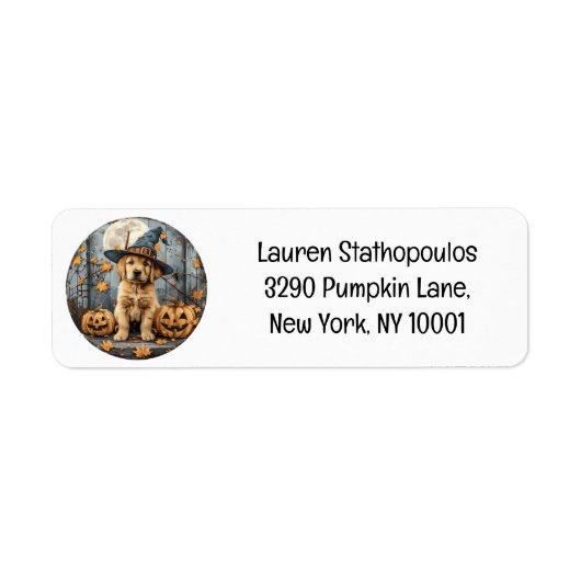 Halloween Witch Golden Retriever Puppy Pumpkins Etiket (Voorkant)