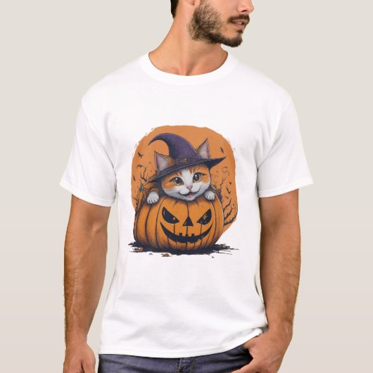 Halloween Witch Hat Cat in Pumpkin Spooky Season T-shirt (Voorkant)
