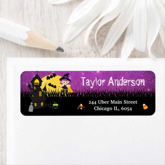 Halloween Witch Haunted House Paars Etiket (Insitu)