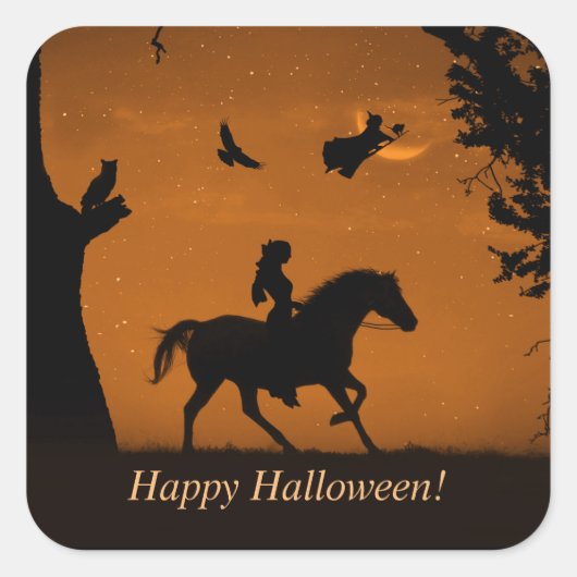 Halloween Witch Horse and Rider Cute Spooky Vierkante Sticker (Voorkant)