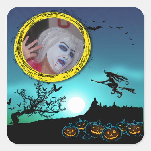 Halloween Witch, Jack o' Lantern, Foto Lijst Vierkante Sticker (Voorkant)