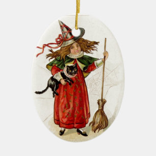 halloween witch meisje met zwarte kat keramisch ornament