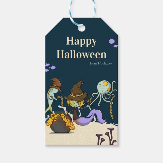 Halloween Witch Mermaid met Cauldron gepersonalise Cadeaulabel (Voorkant)
