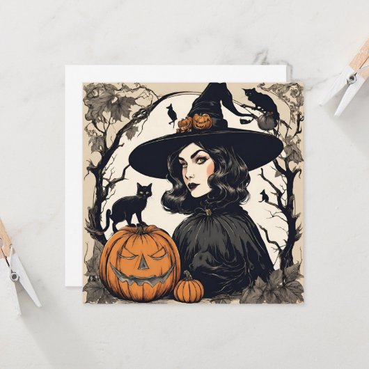 Halloween Witch met Black Cats Kaart (Voorkant / Achterkant in situ)