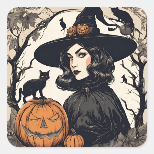   Halloween Witch met Black Cats Vierkante Sticker (Voorkant)