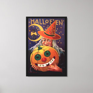 Halloween Witch met Funny Pumpkin Canvas Afdruk