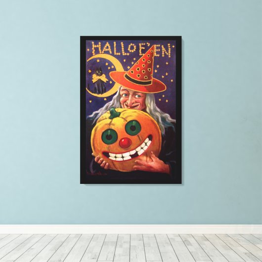 Halloween Witch met Funny Pumpkin Canvas Afdruk (Insitu (Houten vloer))