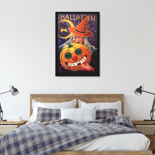 Halloween Witch met Funny Pumpkin Canvas Afdruk (Insitu (Slaapkamer))