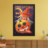 Halloween Witch met Funny Pumpkin Canvas Afdruk (Insitu (Woonkamer))