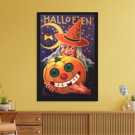 Halloween Witch met Funny Pumpkin Canvas Afdruk (Insitu (Woonkamer))