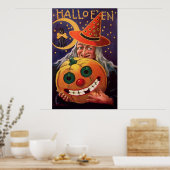 Halloween Witch met Funny Pumpkin Poster (Keuken)