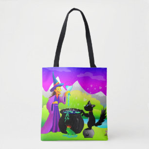 Halloween Witch met Magische Potie en Zwarte Kat Tote Bag