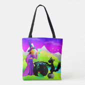 Halloween Witch met Magische Potie en Zwarte Kat Tote Bag (Achterkant)
