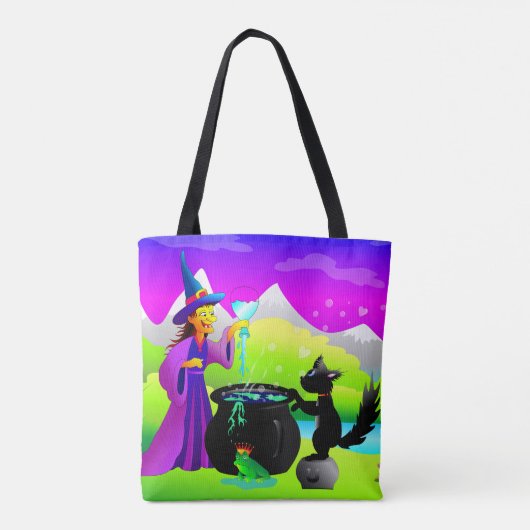 Halloween Witch met Magische Potie en Zwarte Kat Tote Bag (Achterkant)