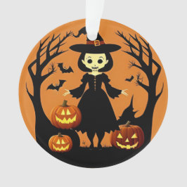 Halloween Witch met pompoenen in spookachtige sett Ornament