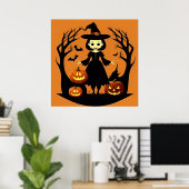 Halloween Witch met pompoenen in spookachtige sett Poster (Thuiskantoor)