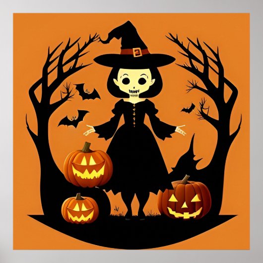 Halloween Witch met pompoenen in spookachtige sett Poster (Voorkant)