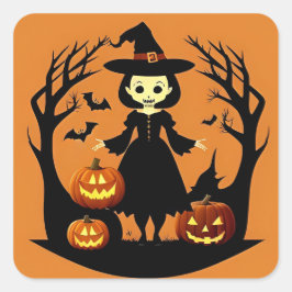 Halloween Witch met pompoenen in spookachtige sett Vierkante Sticker
