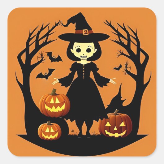 Halloween Witch met pompoenen in spookachtige sett Vierkante Sticker (Voorkant)