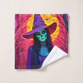 Halloween Witch met Skull Face Design Bad Handdoek (Wasdoekje)