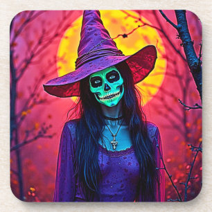 Halloween Witch met Skull Face Design Bier Onderzetter