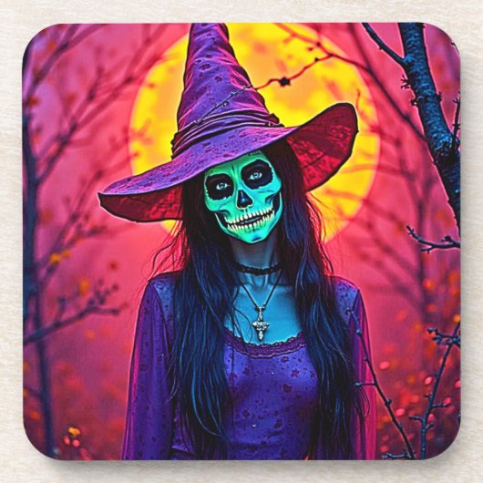 Halloween Witch met Skull Face Design Bier Onderzetter (Voorkant)