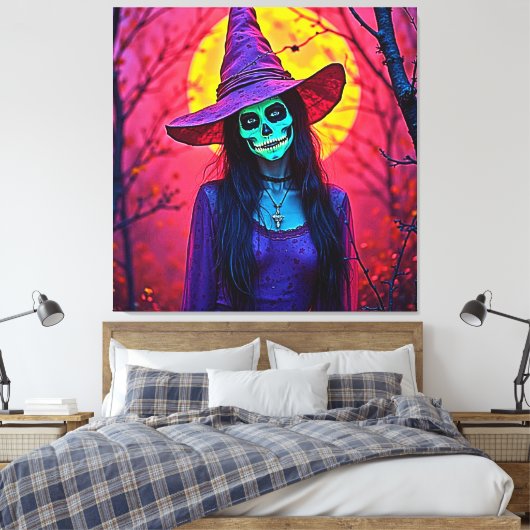 Halloween Witch met Skull Face Design Canvas Afdruk (Insitu (Slaapkamer))