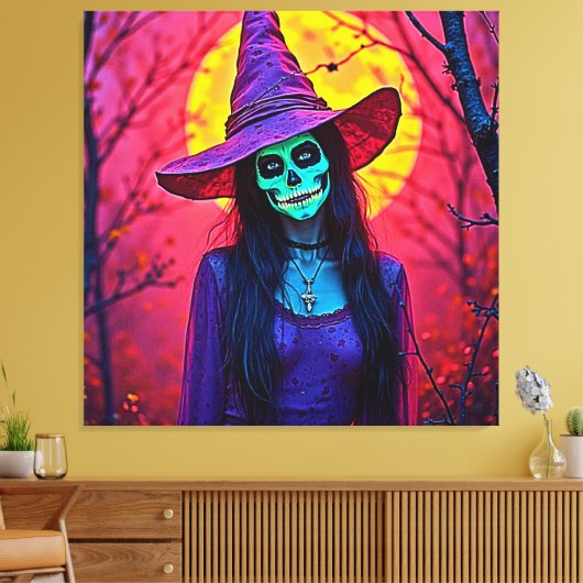 Halloween Witch met Skull Face Design Canvas Afdruk (Insitu (Woonkamer))