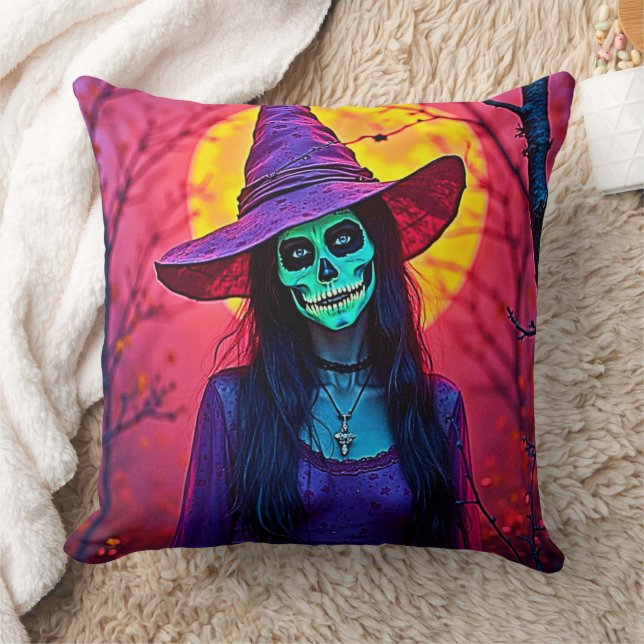 Halloween Witch met Skull Face Design Kussen (Deken)