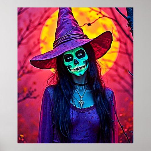 Halloween Witch met Skull Face Design Poster (Voorkant)