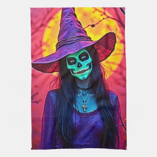 Halloween Witch met Skull Face Design Theedoek (Verticaal)