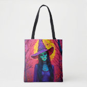Halloween Witch met Skull Face Design Tote Bag (Voorkant)