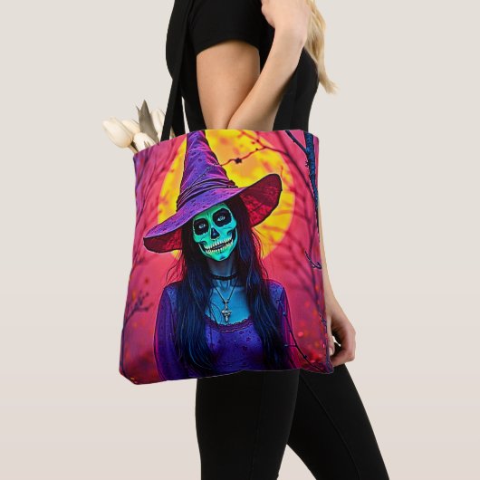 Halloween Witch met Skull Face Design Tote Bag (Dichtbij)
