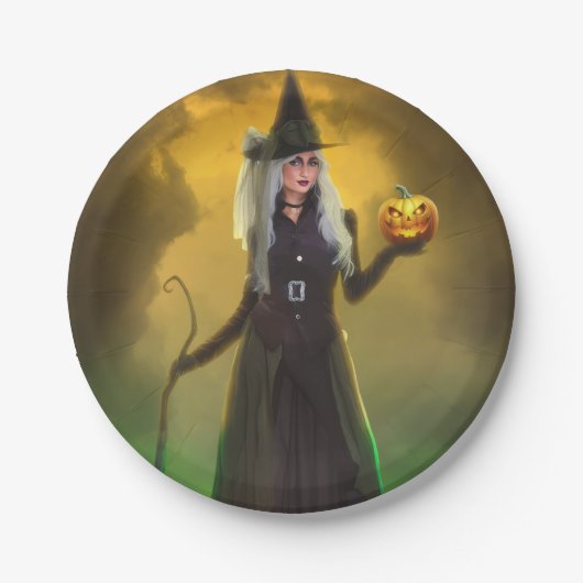 Halloween Witch met wandelstok Papieren Bordje (Voorkant)