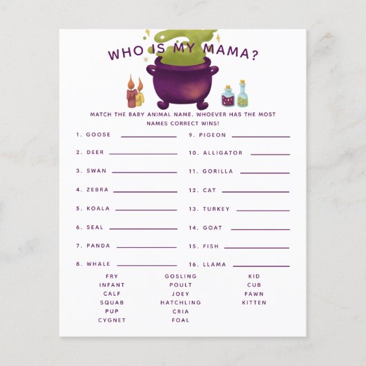 Halloween Witch, m'n mama Baby shower Game (Voorkant)