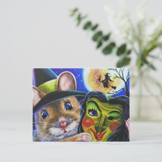 Halloween Witch Mouse Masker Waterverf Art Briefkaart (Staand voorkant)