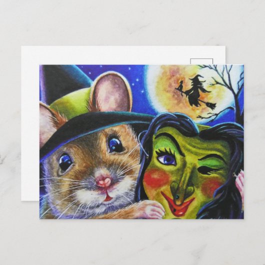 Halloween Witch Mouse  Masker Waterverf Art Briefkaart (Voorkant / Achterkant)