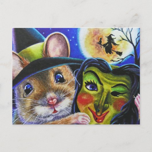 Halloween Witch Mouse  Masker Waterverf Art Briefkaart (Voorkant)