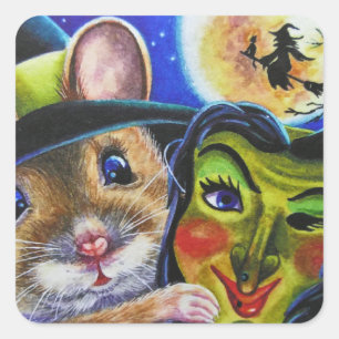 Halloween Witch Mouse Masker Waterverf Art Vierkante Sticker