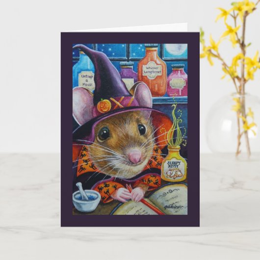 Halloween Witch Mouse & Potion Waterverf Art Kaart (Gele Bloem)