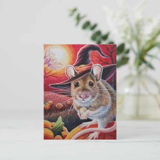 Halloween Witch Mouse Pumpkin Seed Waterverf Art Briefkaart (Staand voorkant)