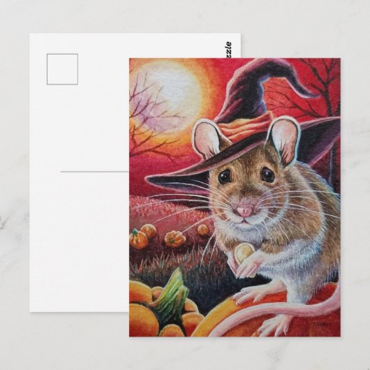Halloween Witch Mouse Pumpkin Seed Waterverf Art Briefkaart (Voorkant / Achterkant)