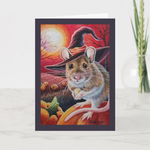Halloween Witch Mouse Pumpkin Seed Waterverf Art Kaart