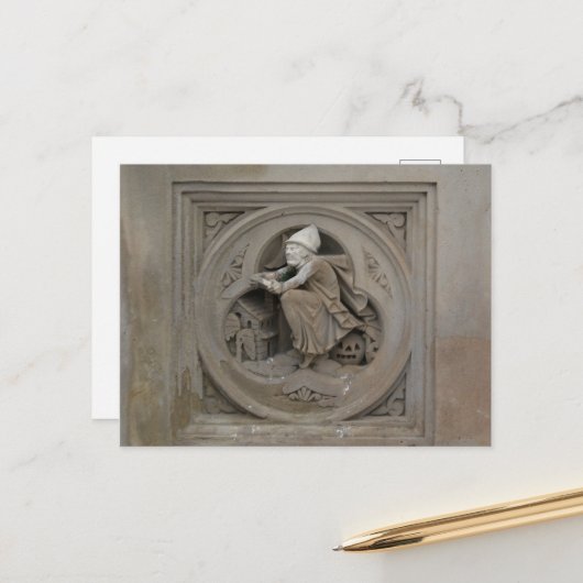 Halloween Witch op Broom 3d Stone Carving Foto Briefkaart (Voorkant / Achterkant in situ)