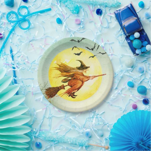 Halloween Witch op broomstick Papieren Bordje (Feest)