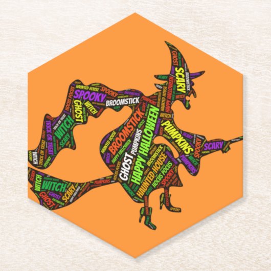 Halloween Witch op een Broomstick Oranje Typografi Kartonnen Onderzetters (Voorkant)