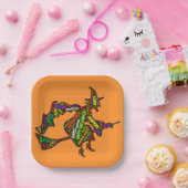 Halloween Witch op een Broomstick Oranje Typografi Papieren Bordje (Feest)