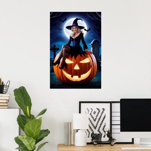 Halloween Witch op Pumpkin Poster (Thuiskantoor)