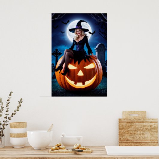 Halloween Witch op Pumpkin Poster (Keuken)