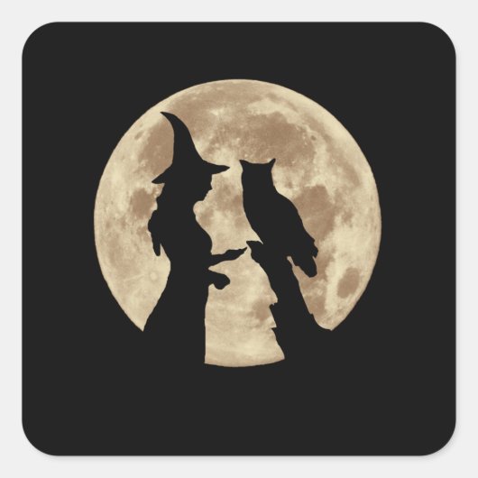 Halloween Witch, Owl and Full Moon Vierkante Sticker (Voorkant)